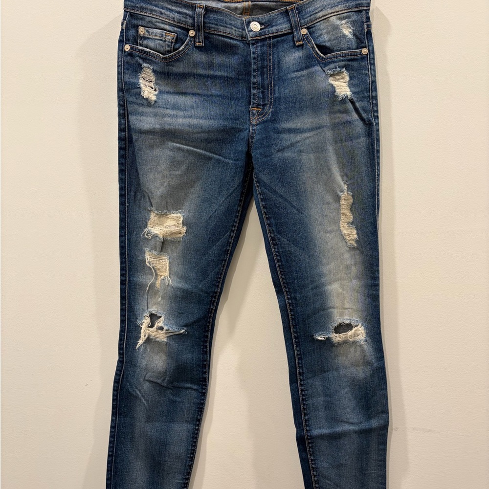 7 For All Mankind the ankle skinny Dark Blue distressed faded Jeans size 29W EUC